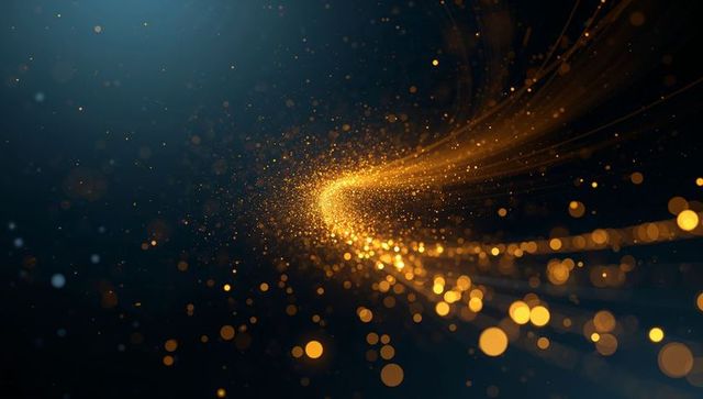 Streaming golden particle trail curving through dark space with bokeh glow and motion