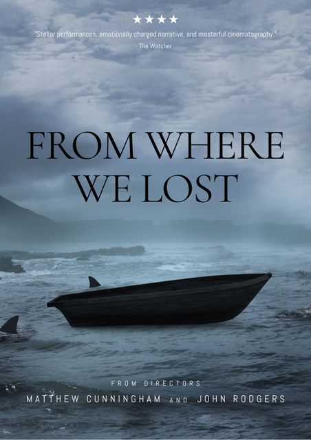 Poster exhibits a haunting boat floating on the ocean under a cloudy sky. Perfect for promoting thrillers, dramas, or mystery films, adding a sense of intrigue and suspense. Collaborative directors' credits included at bottom, suitable for indie filmmakers and student productions.