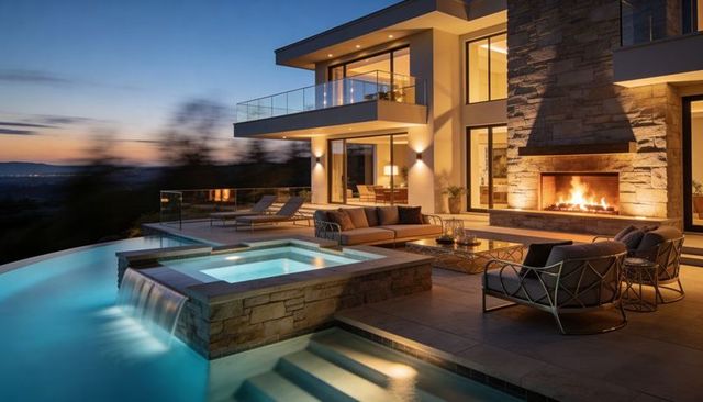 Modern luxury hillside villa with illuminated infinity pool, hot tub and fireplace