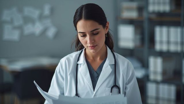 Female clinician reviewing patient charts in clinic office with lab coat and stethoscope