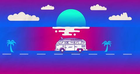 Retro Sunset with Camper Van in Vibrant Surreal Landscape