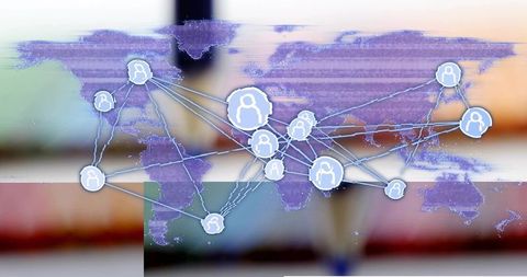 Connecting global users with purple map overlay and linked glowing user network nodes