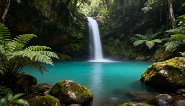 Cascading rainforest waterfall over serene turquoise pool with mossy boulders and ferns