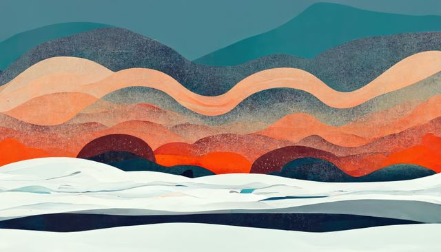 This modern abstract illustration features vibrant, wavy shapes in bold colors above a contrasting snowy ground. The creative use of color and texture adds artistic appeal, making it perfect for use in contemporary art projects, digital designs, website backgrounds, or creative advertising. It would also be suitable for posters, book covers, and home decor.