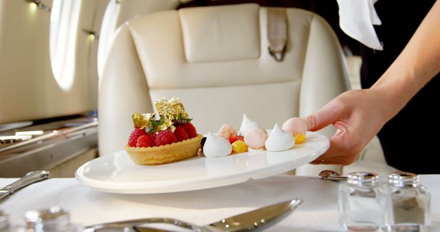 Private jet passenger enjoying luxurious dessert service. Ideal for illustrating luxury travel, private air travel experiences, and gourmet in-flight services. Can be used for content promoting upscale catering, high-end hospitality, or exclusive airline experiences.