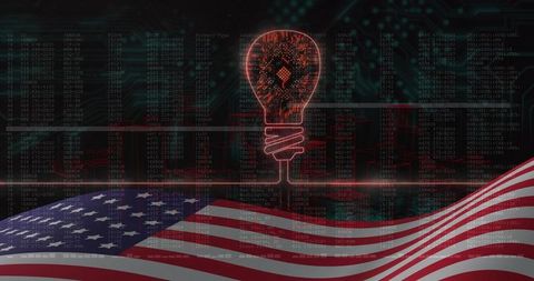 Neon lightbulb revealing microchip over american flag with circuit traces and digital data