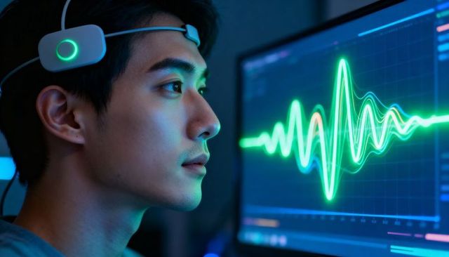 Asian scientist wearing neurotech headset monitoring neon waveform and neural data on lab monitor