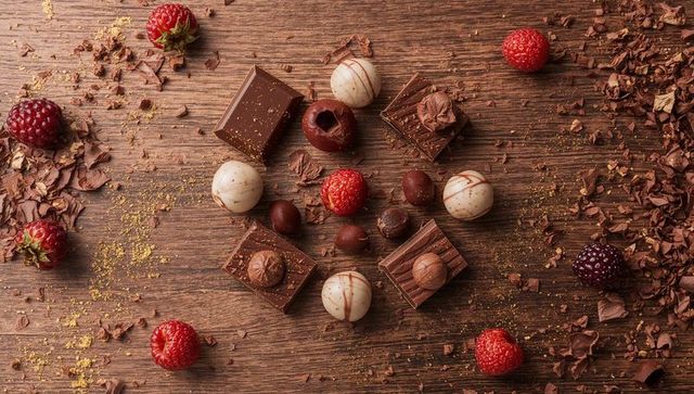 Gourmet chocolate truffles, pralines and raspberries neatly arranged on rustic wooden surface