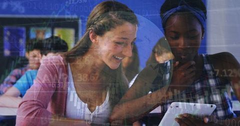 Diverse Students Engaging with Digital Learning Technology in Classroom