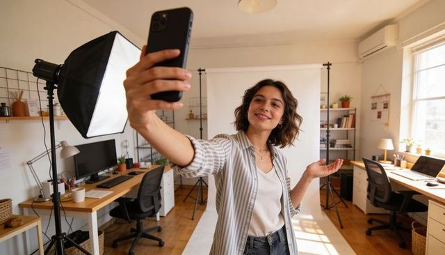 Creator filming selfie vlog in natural light home studio with softbox and desk workspace