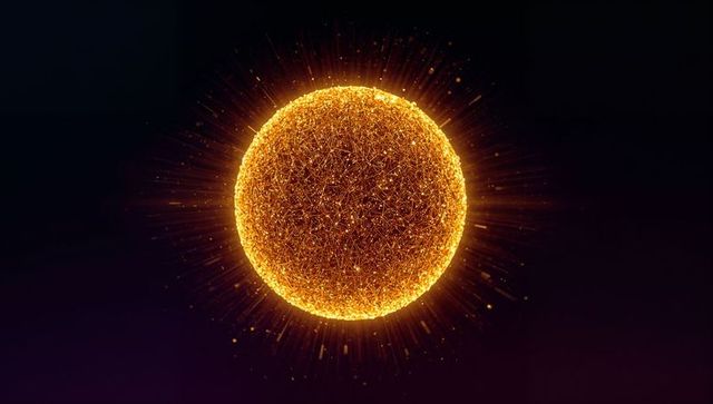 Glowing Radiating Golden Network Sphere Emitting Particle Rays and Digital Mesh Halo