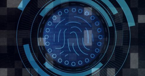 Futuristic biometric fingerprint hud with blue circular interface and flowing binary code