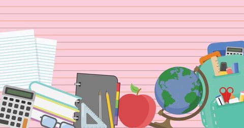 Back to School Concept with Supplies and Pink Lined Background