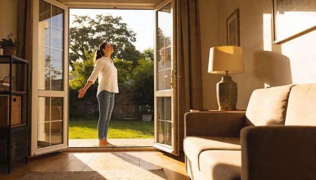 Sunlit woman stretching at open doors barefoot in tranquil living room overlooking garden