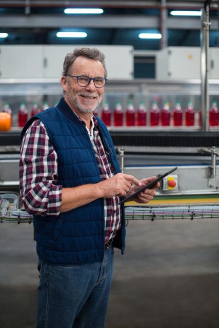 Middle-aged factory worker smiling while using a digital tablet at a drinks production plant. Bottles of beverages are visible on the production line in the background. Ideal for illustrating modern manufacturing processes, quality control, and the integration of technology in industrial settings.