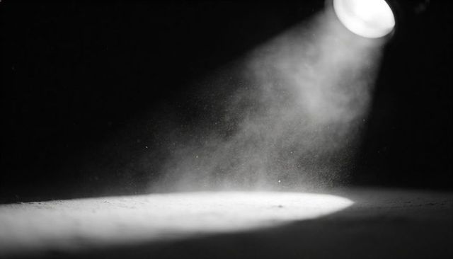 Dramatic overhead spotlight revealing dust particles on floor in high-contrast monochrome