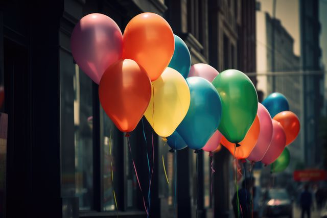 Colorful balloons strung on ribbons lining an urban city street in daylight. Ideal for city celebrations, festive events, birthday parties, or vibrant street fair promotions. Highlights the vibrancy and joy of urban life.