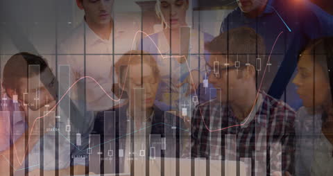 Team Analyzing Financial Data with Interface Overlay