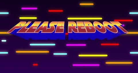 Retro synthwave please reboot neon 3d typography vhs glitch neon bars poster