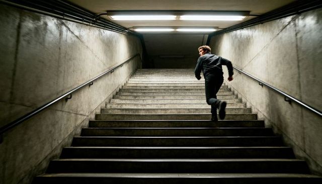 Lone man running up concrete subway stairwell under fluorescent lights