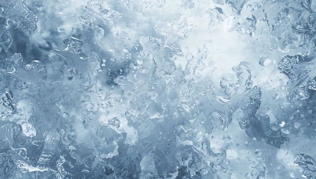 Macro ice crystal shards with intricate frost patterns and sparkling light refractions