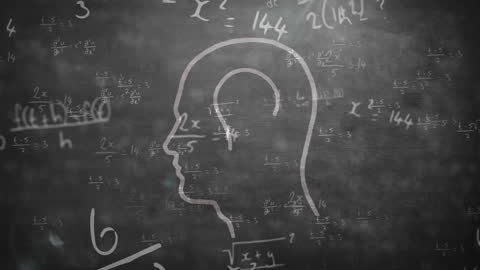 Silhouette with Dynamic Mathematical Equations on Chalkboard