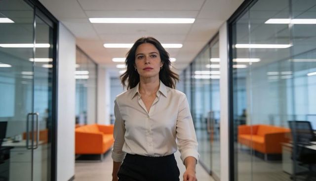 Professional woman striding through modern glass office corridor with orange lounge sofas