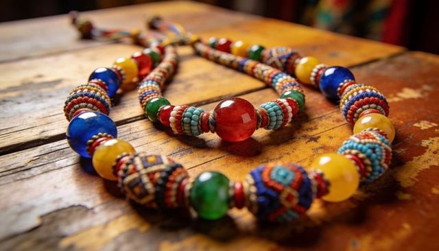 Handcrafted colorful beaded necklace lying on worn wooden tabletop showing glossy red bead highlight