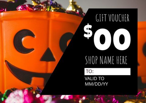 Halloween gift voucher with pumpkin and confetti