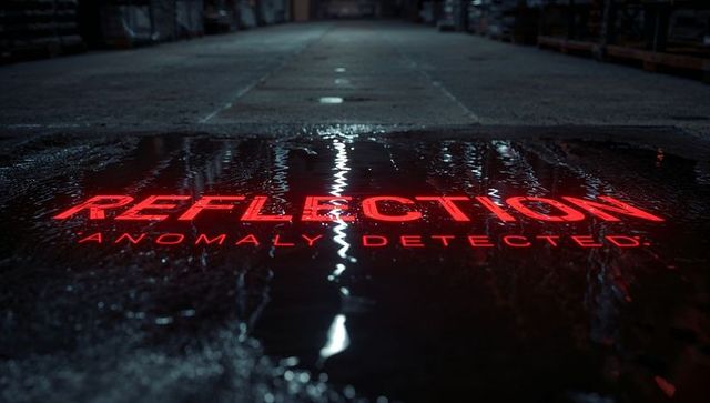 Red neon reflection and anomaly detected reflecting in wet industrial warehouse aisle