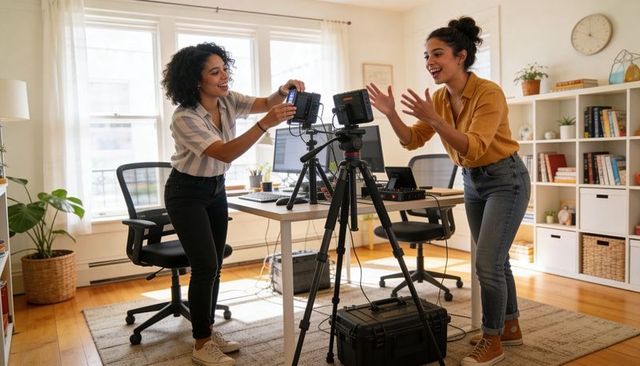 Two Creators Collaborating in Sunlit Home Studio Adjusting Camera and Framing Shot