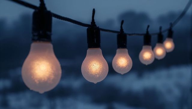 Glowing frosted globe string lights hanging above snowy backyard patio at dusk