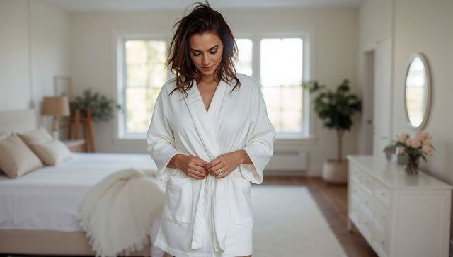 Woman adjusting white bathrobe in serene minimalist bedroom morning light