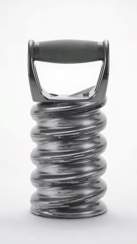 Rotating metallic coil cylinder with grip handle in white studio vertical video