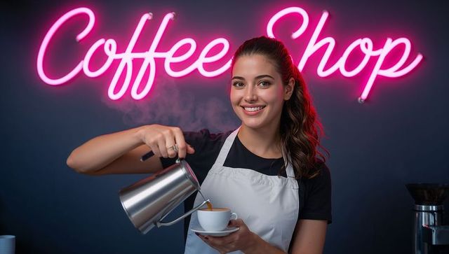 Smiling barista pouring latte under vibrant pink neon coffee shop sign