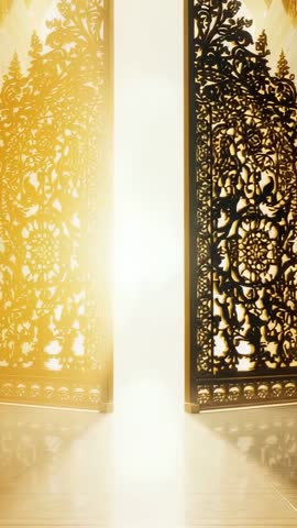 Golden gates swinging open to radiant light over reflective foyer floor vertical video