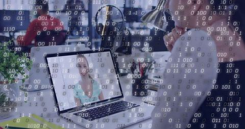 Remote video call in modern open office with team collaboration and binary data overlay