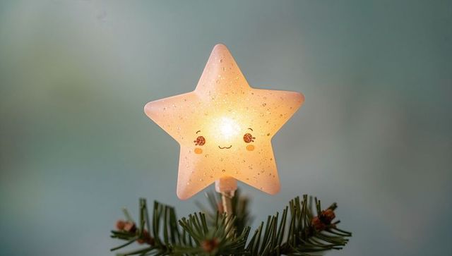 Kawaii glowing star tree topper emitting warm light on pine branch with smiley face
