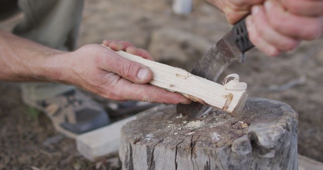 Hands Carving Wood with Knife, Creating Outdoor Craft - Download Free Stock Images Pikwizard.com