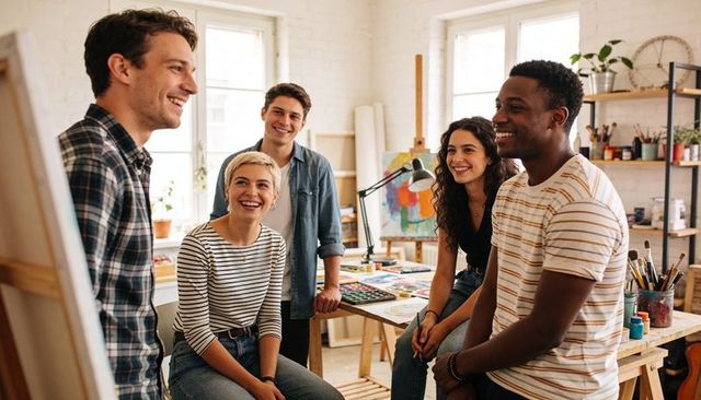 Young artists collaborating and laughing around communal studio table with canvases