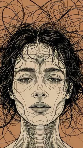 Anatomical head illustration closing and reopening eyelids over abstract brown scribbles