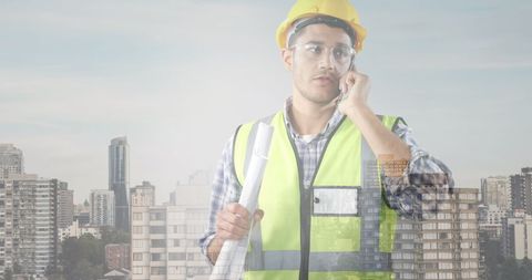 Construction Engineer Overlooking Urban Skyline on Phone - Download Free Stock Images Pikwizard.com