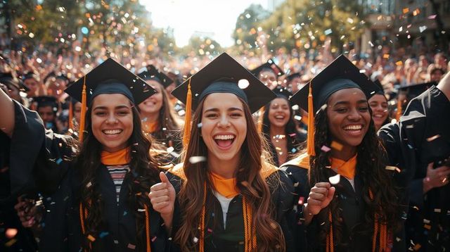Graduates celebrating commencement on tree-lined avenue with confetti, caps, and thumbs-up