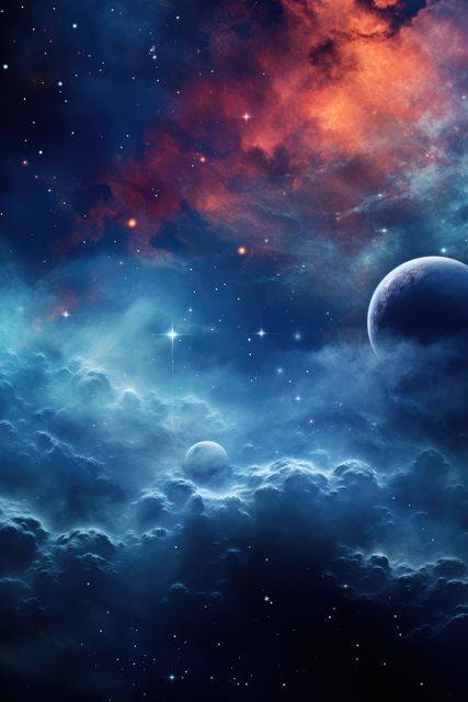 Nebula with stars, moon and multicoloured clouds background, created using generative ai technology. Interstellar outer space, stars and galaxy concept digitally generated image.