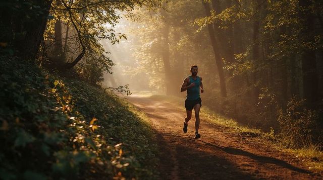 Morning trail running through misty forest with lone male runner in teal top