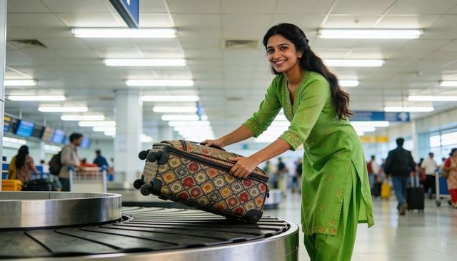 Smiling traveler loading patterned suitcase onto busy airport baggage carousel