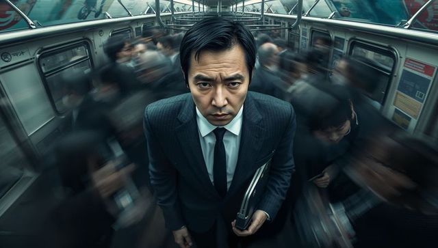 Standing firm in crowded subway, pinstripe-suit businessman facing commute rush hour blur
