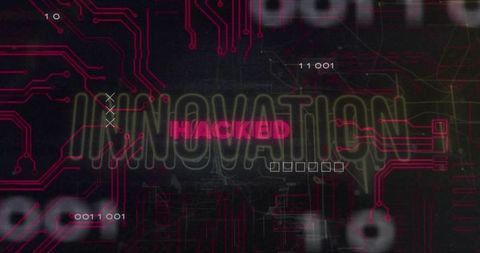 Glitching HACKED Overlay on INNOVATION Neon Circuitry Cyberpunk Interface Background Data