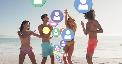 Friends Dancing on Beach with Social Media Icons Overlay