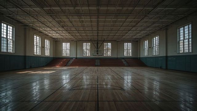 Empty Basketball Court with Sunlit Wooden Floor in Gymnasium